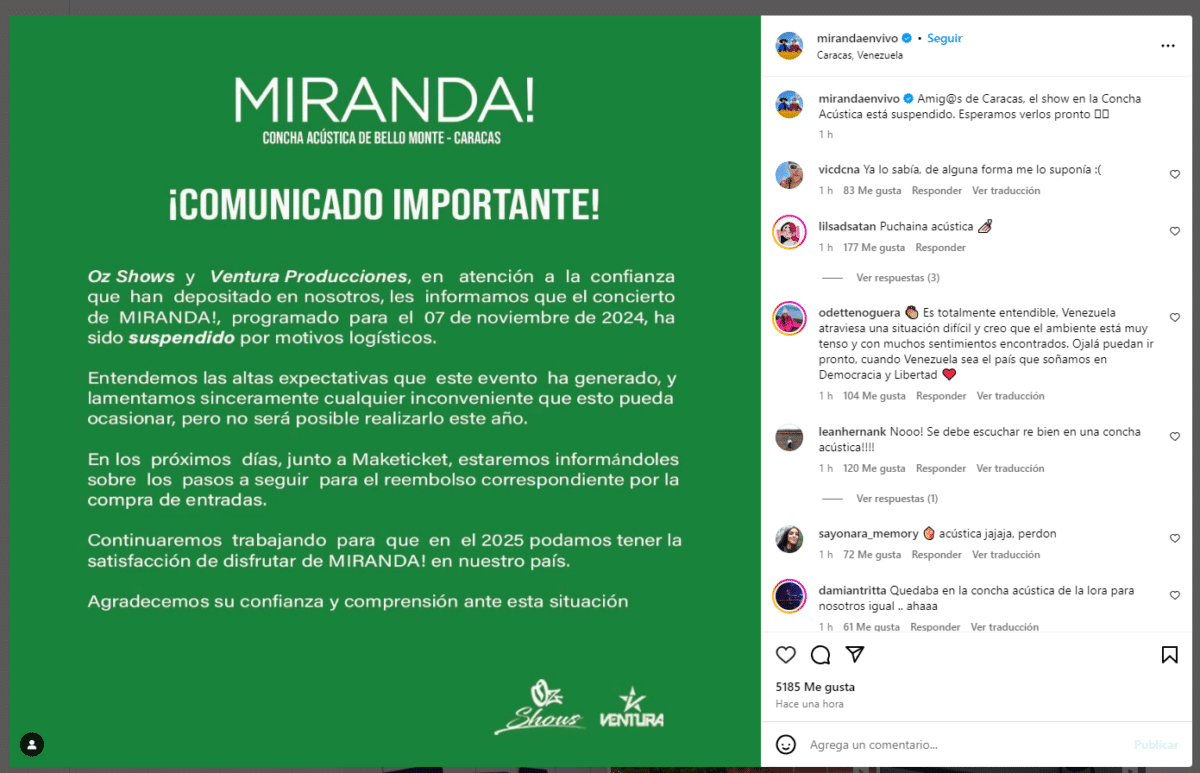 Cancelaron el concierto de Miranda en Caracas