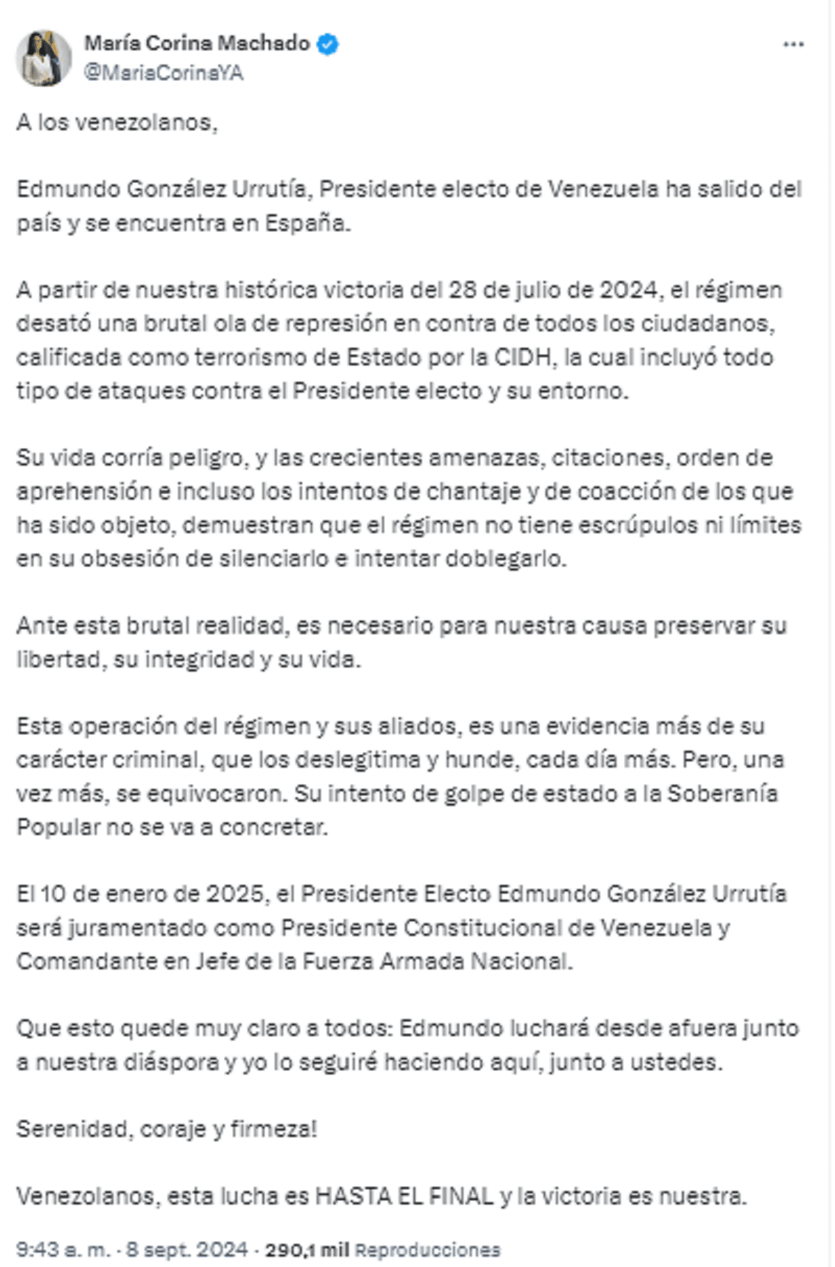 María Corina Machado sobre salida de Edmundo González: Era necesaria para preservar su libertad