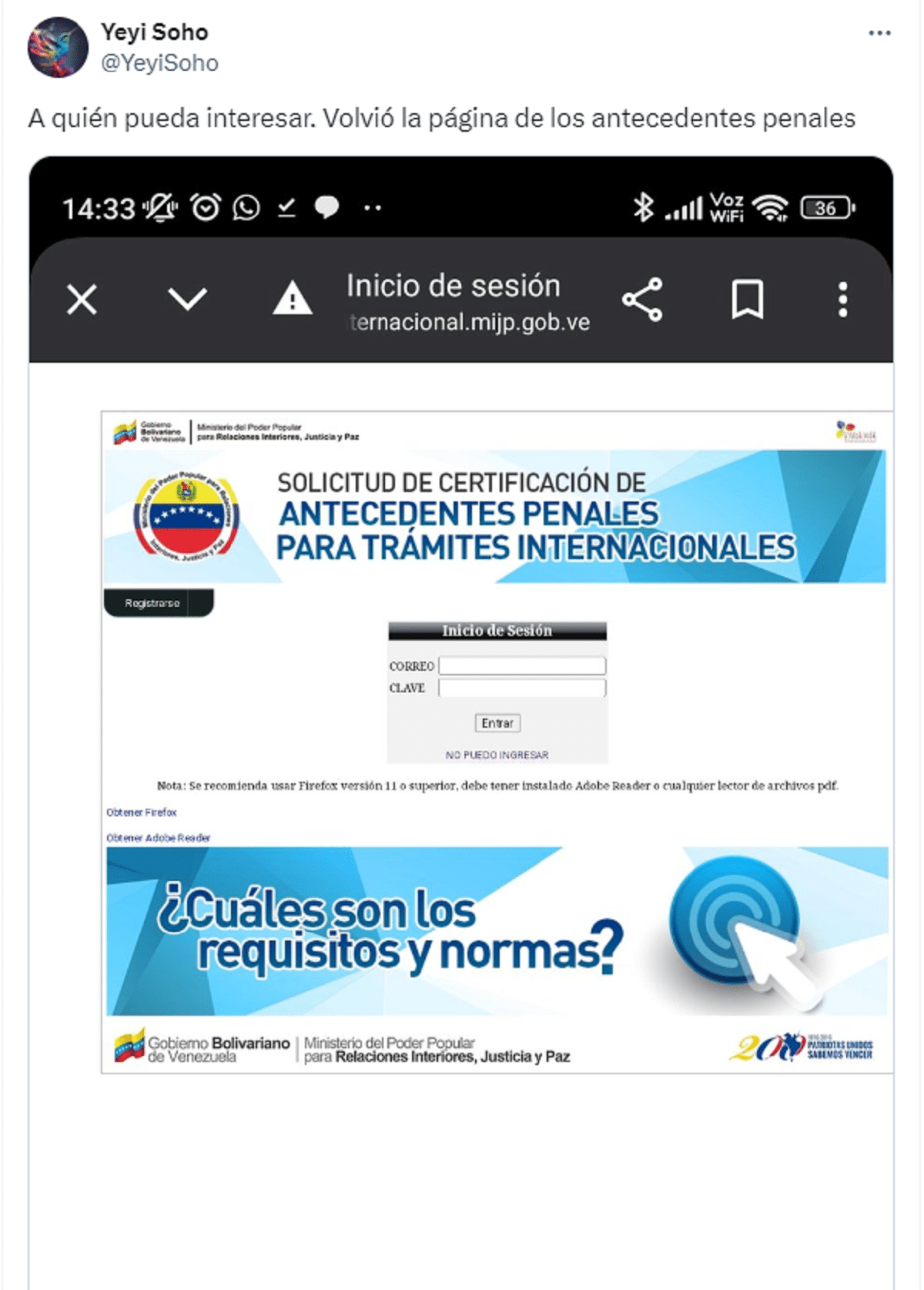 What is known about the reactivation of the page to request criminal records in Venezuela 