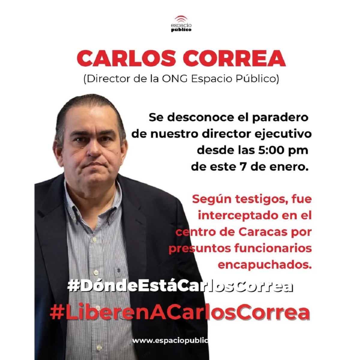 Espacio Público denunció que aún desconoce el paradero de Carlos Correa