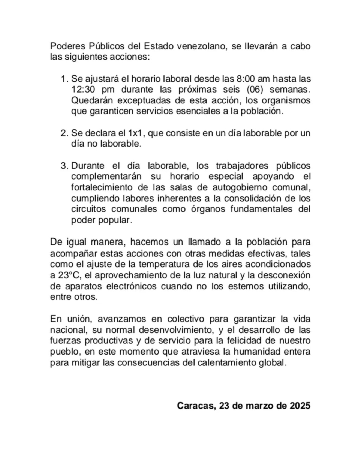 Administración pública aplicará horarios especiales por ahorro energético: lo que se sabe