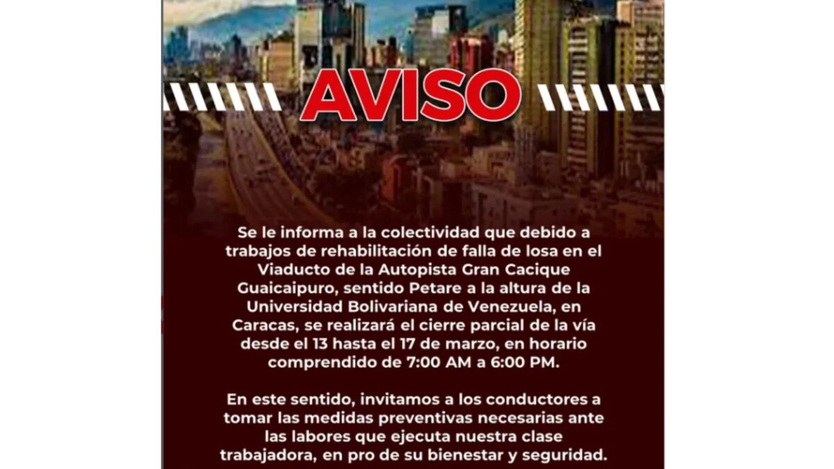 Anunciaron cierre parcial de la autopista Gran Cacique Guaicaipuro sentido Petare: ¿hasta cuándo será la medida?