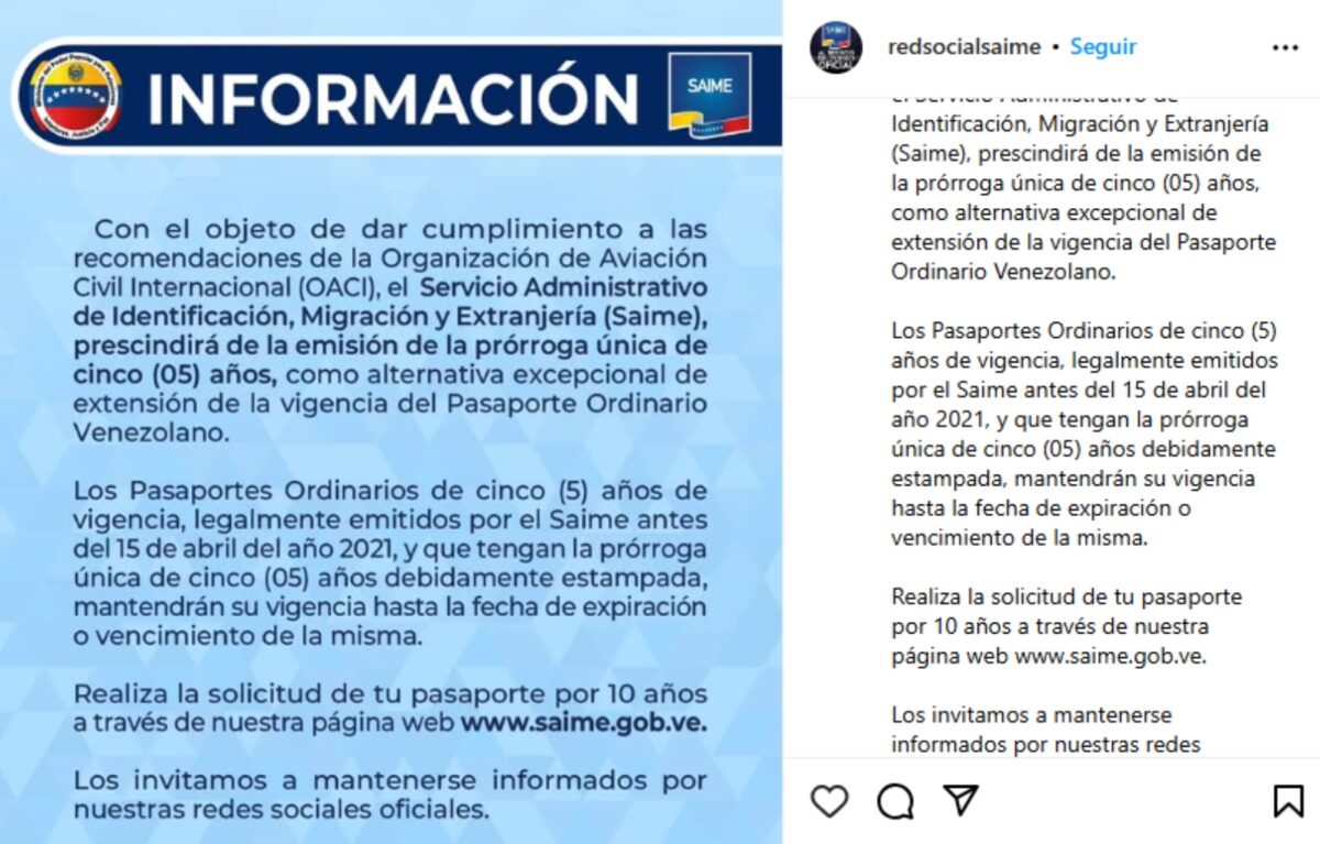 Saime eliminó la emisión de la prorroga única de cinco años del pasaporte