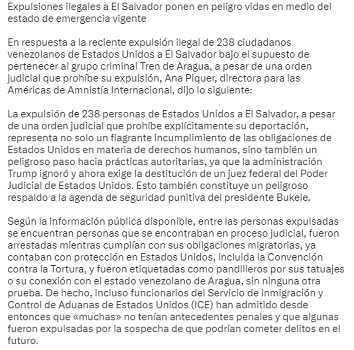 Amnistía Internacional denunció la criminalización de venezolanos enviados a El Salvador