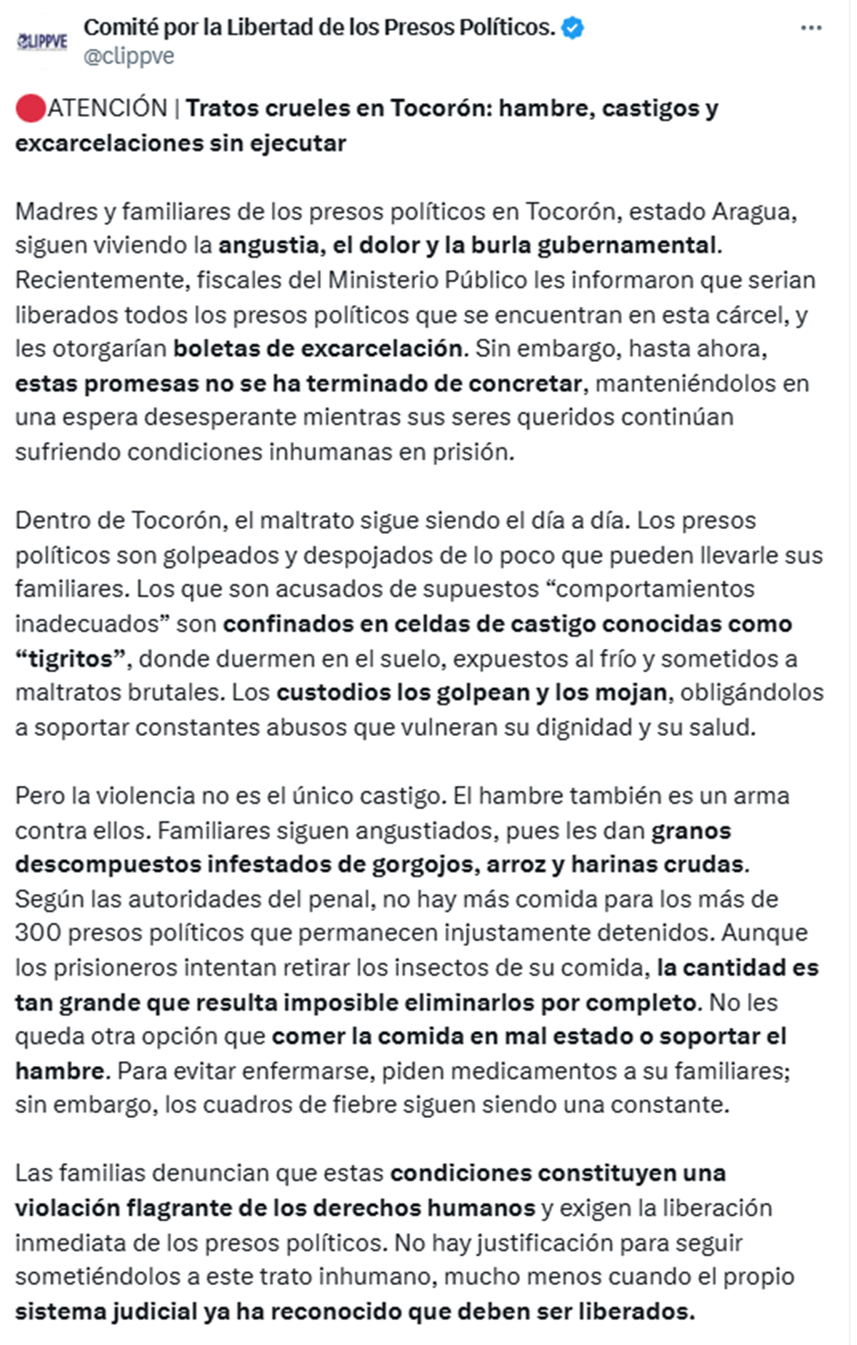 Clippve denunció que presos políticos en Tocorón son sometidos a tratos crueles a la espera de boletas de excarcelación
