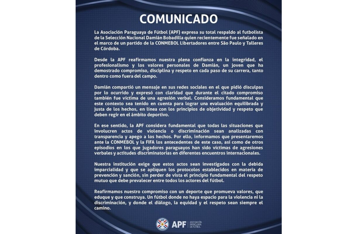 Asociación Paraguaya de Fútbol pidió “evaluación equilibrada” en caso de xenofobia contra el venezolano Miguel Navarro