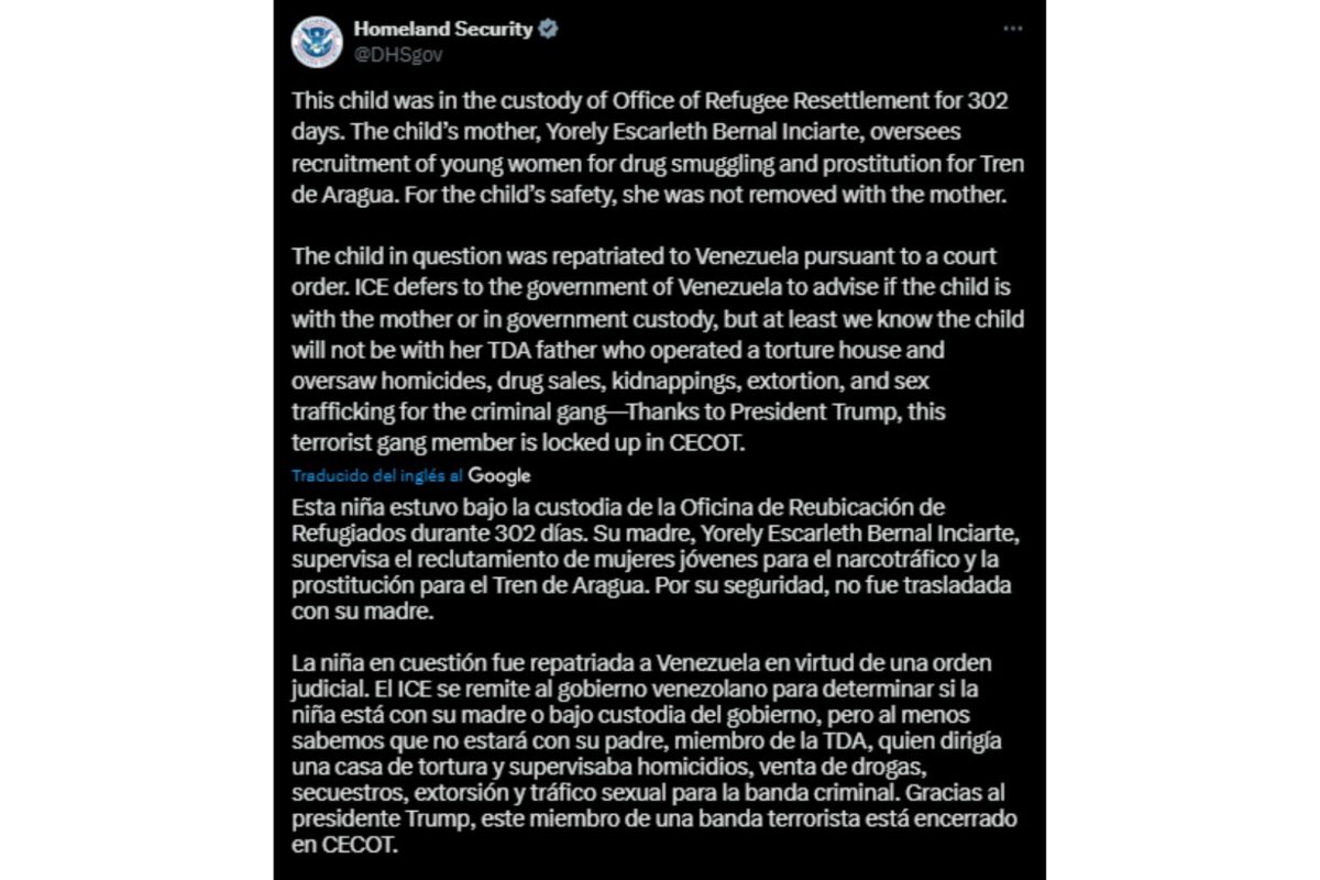 EE UU aseguró que repatriación de la niña Maikelys Espinoza fue bajo una orden judicial