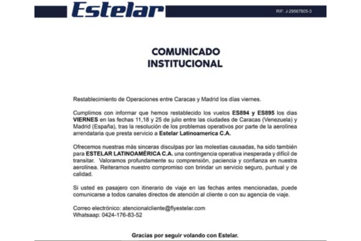 Estelar reanudó los vuelos entre Caracas y Madrid
