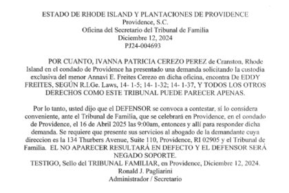 Aviso legal: Citación del Tribunal de Familia de Rhode Island a Eddy Freites