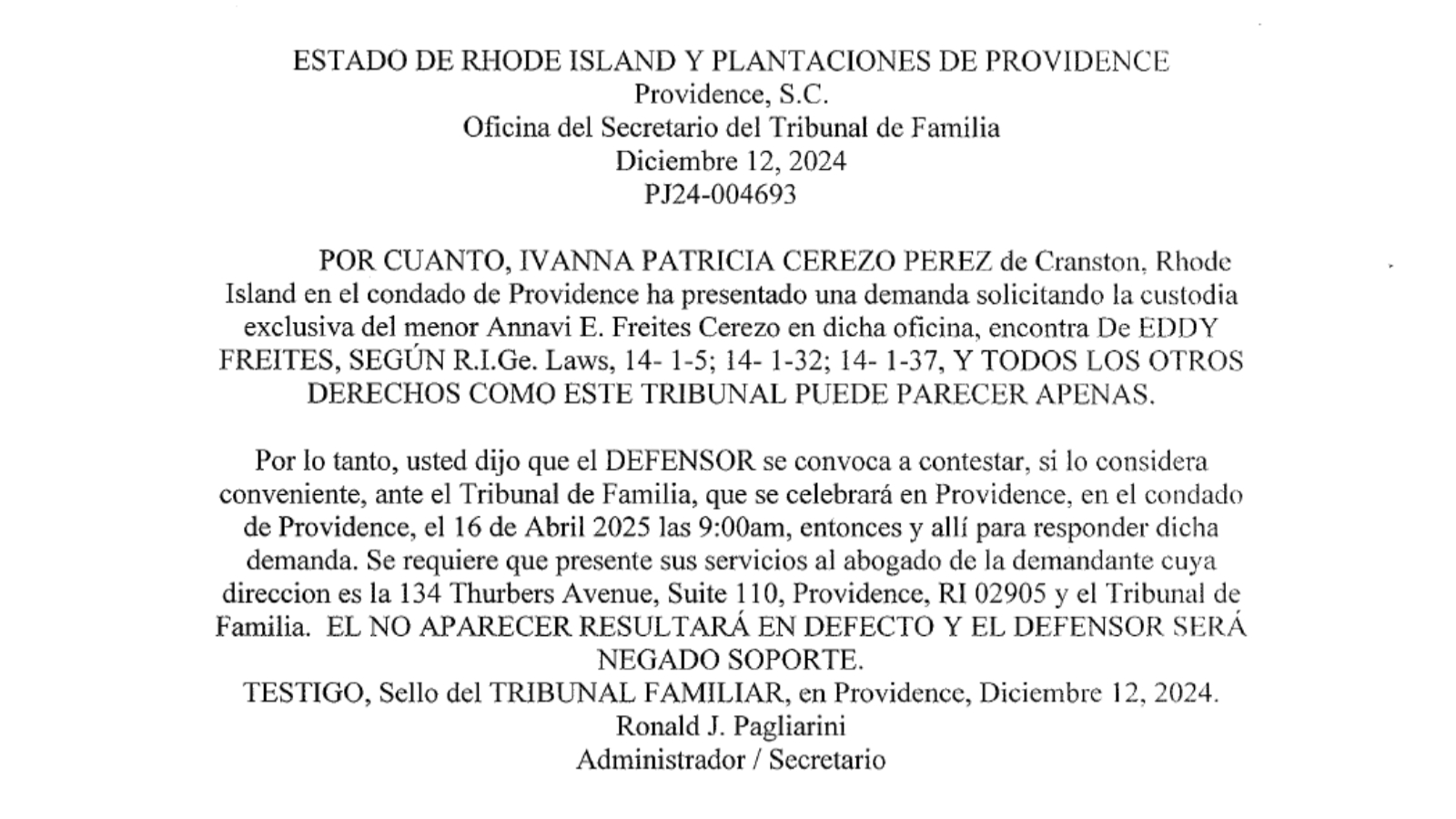 Aviso legal: Citación del Tribunal de Familia de Rhode Island a Eddy Freites