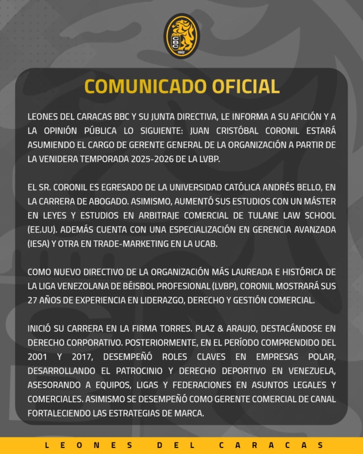 Leones del Caracas anunció que Juan Cristóbal Coronil es su nuevo gerente general