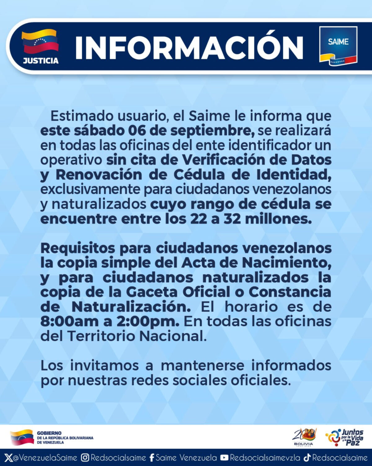 Saime anunció nuevo operativo de renovación de datos para ciudadanos con cédulas entre 22 y 32 millones