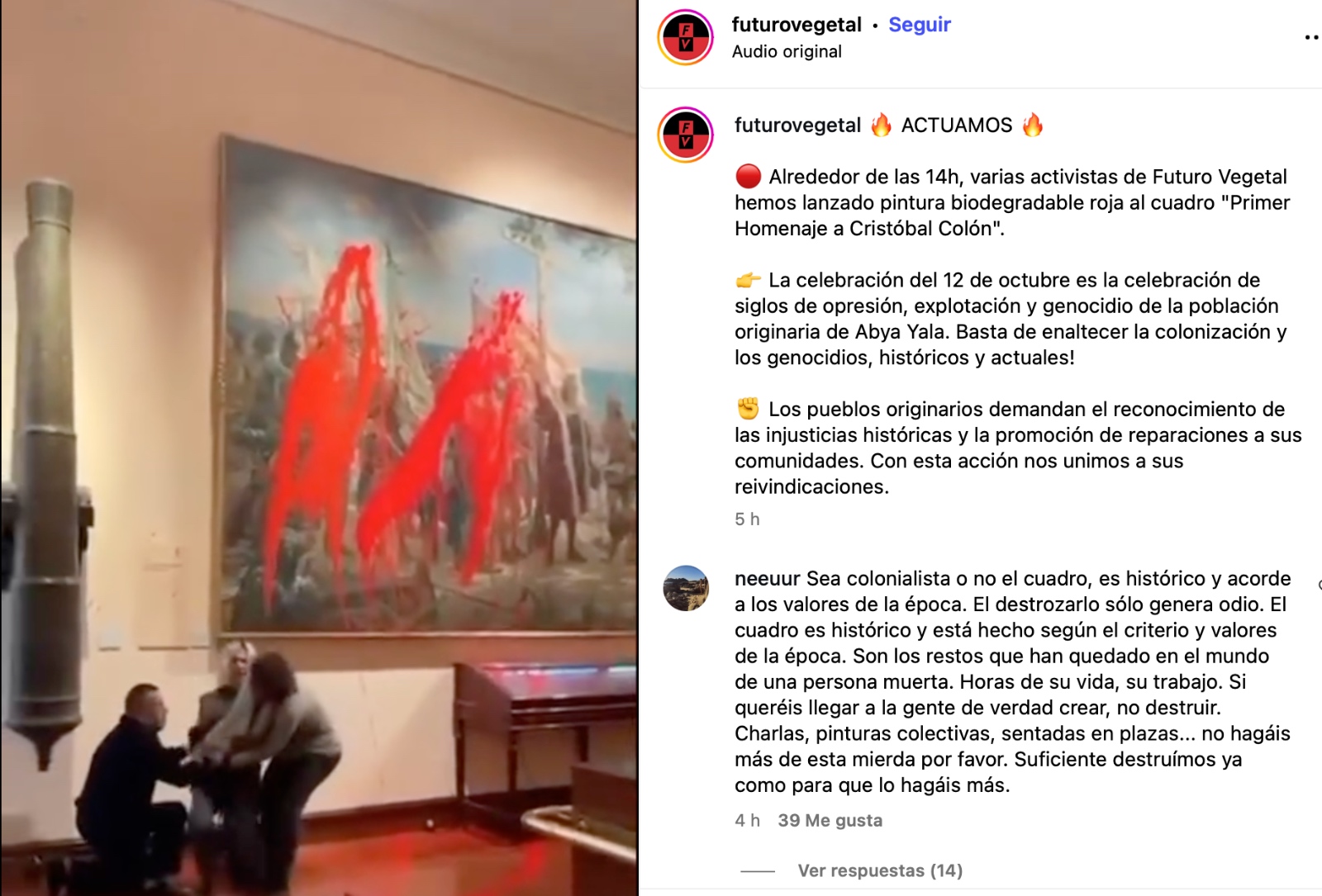 Dos activistas lanzaron pintura contra un cuadro de Cristóbal Colón en el Museo Naval de Madrid