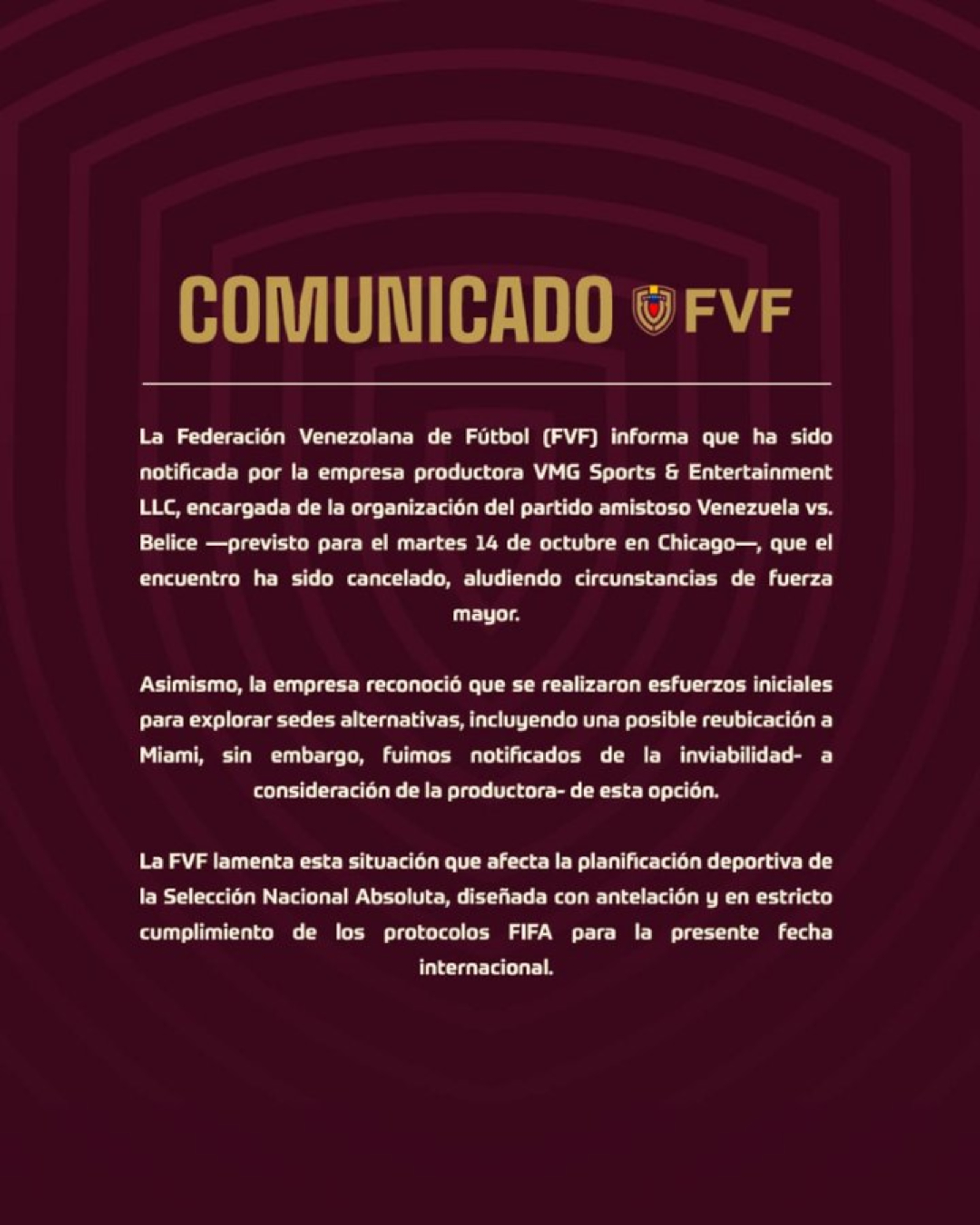 FVF anunció la cancelación del amistoso entre Venezuela y Belice por razones “de fuerza mayor”