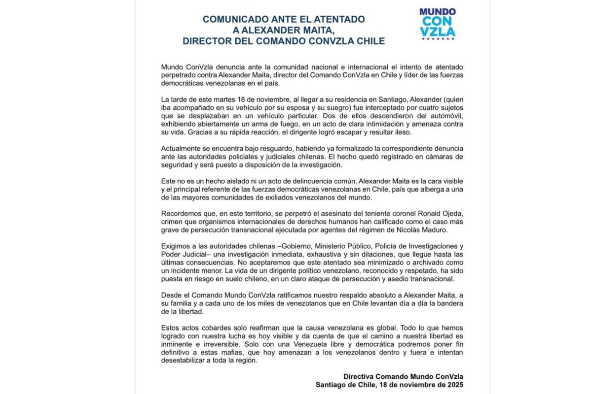 Denunciaron un intento de atentado contra el director de Comando con Venezuela en Chile 