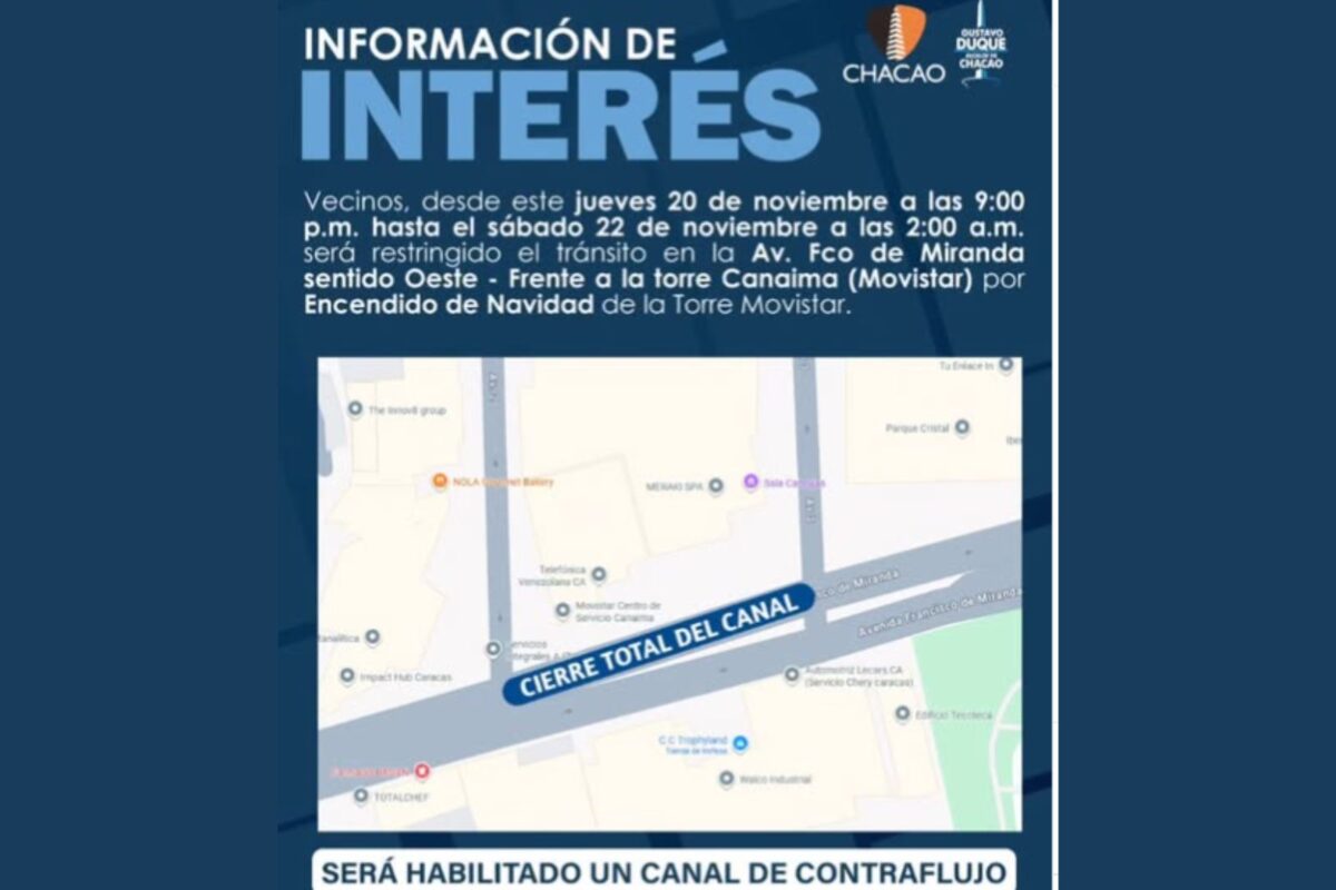 Anunciaron cierre de la avenida Francisco de Miranda por encendido navideño