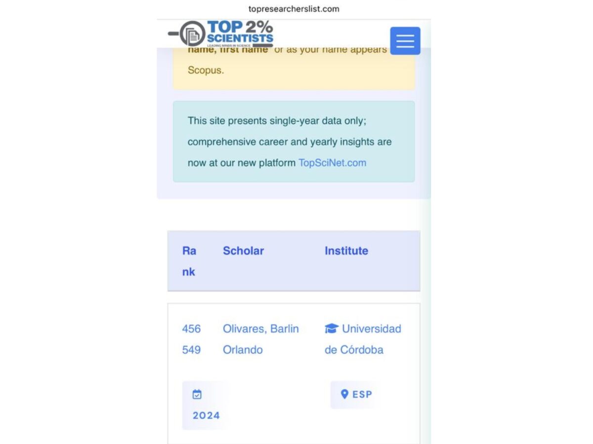 El venezolano Barlin Olivares figura entre el 2 % de los científicos más influyentes del mundo