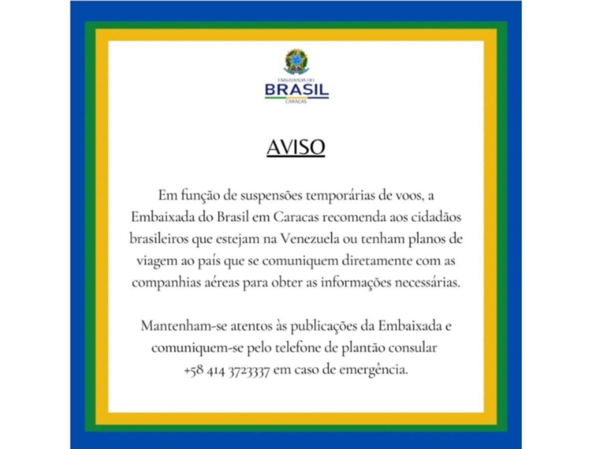 Embajada de Brasil recomendó a sus ciudadanos en Venezuela contactar a sus aerolíneas para obtener información sobre vuelos internacionales