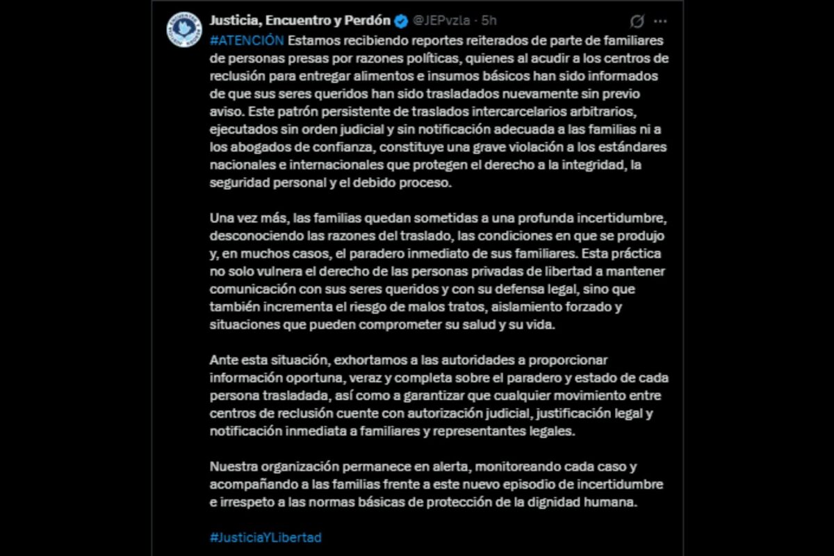 JEP alertó sobre traslados “arbitrarios” de varios presos políticos