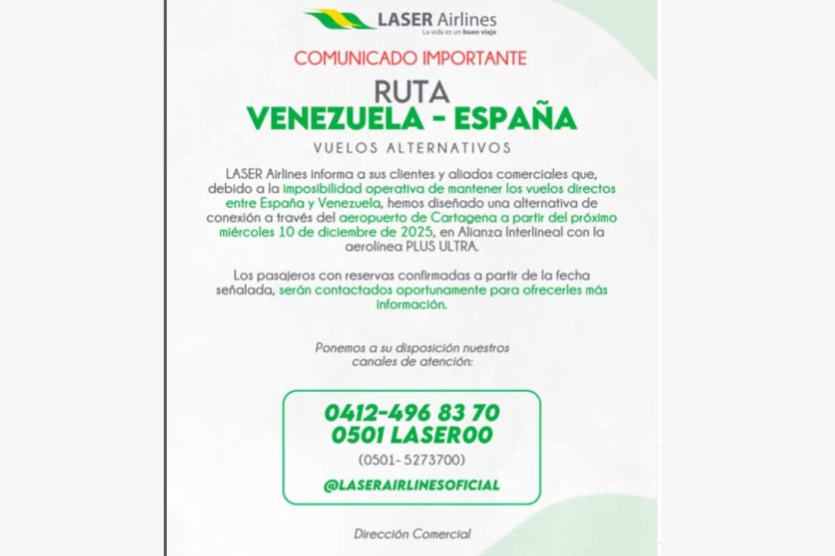 Laser anunció una nueva ruta entre Venezuela y España con escala en Colombia