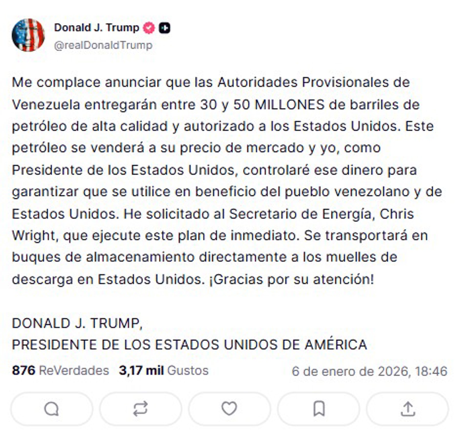 Trump dijo que Venezuela entregará entre 30 y 50 millones de barriles de petróleo a EE UU