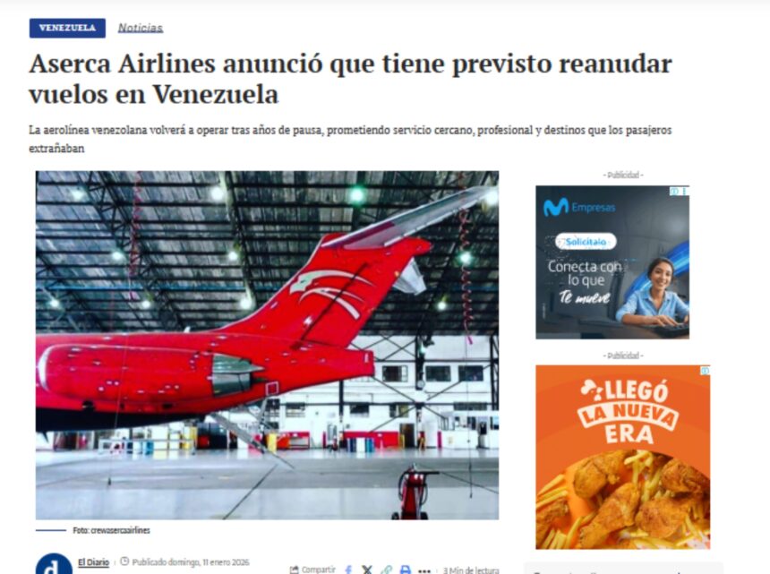 Corrección, Aserca Airlines anunció que tiene previsto reanudar vuelos en Venezuela