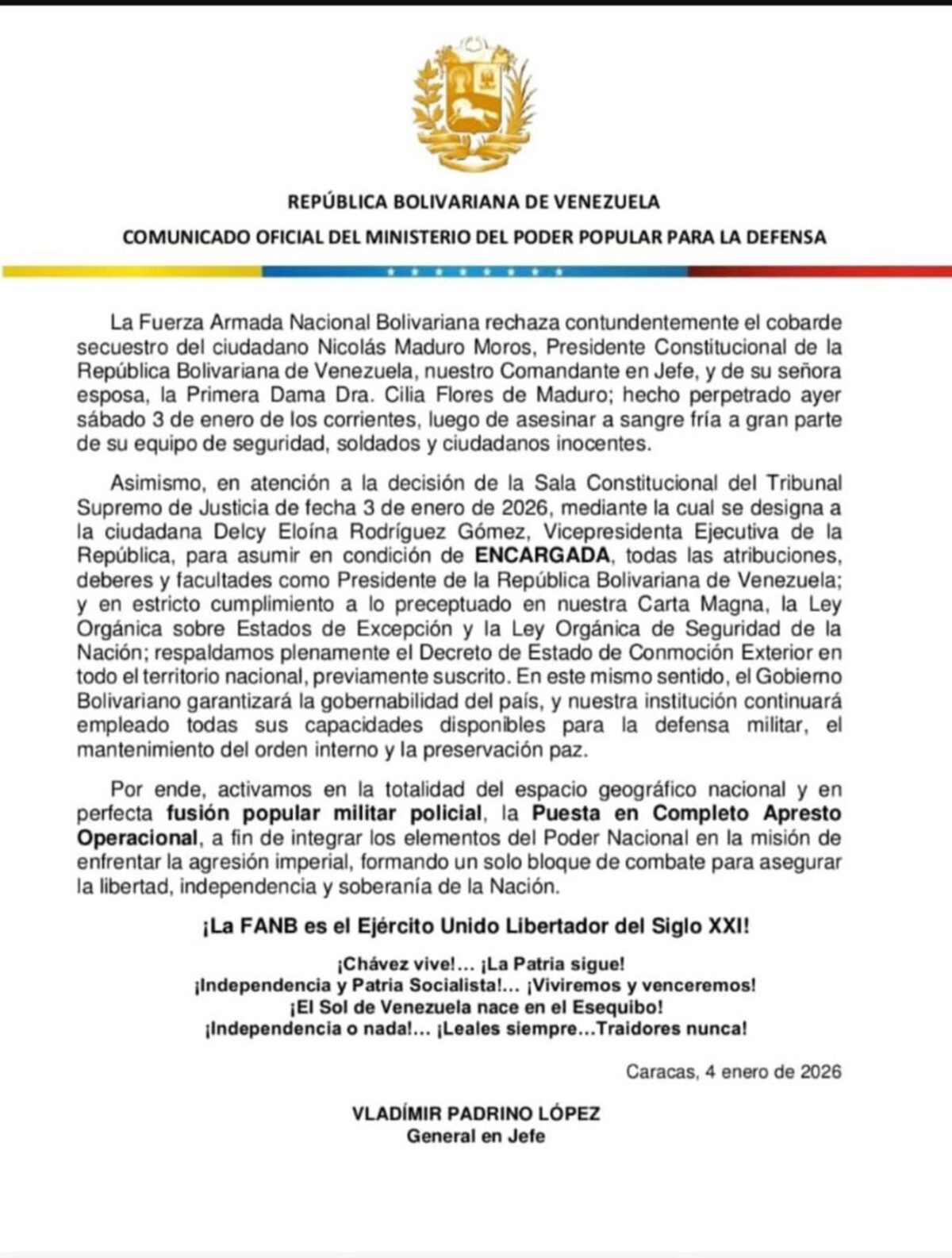 Padrino López insistió en la liberación inmediata de Nicolás Maduro y Cilia Flores