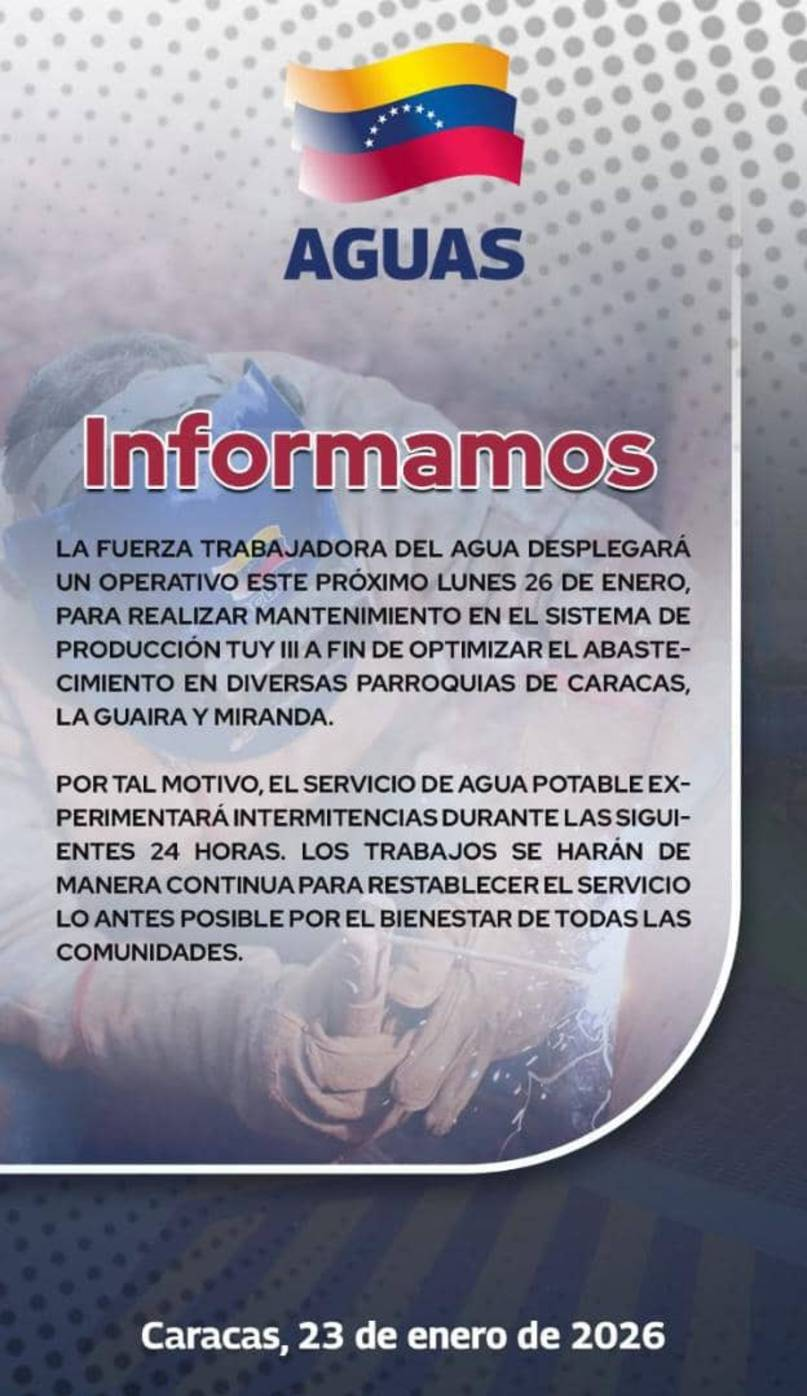 Hidrocapital suspenderá parcialmente el servicio de agua por 24 horas: estas son las zonas afectadas 