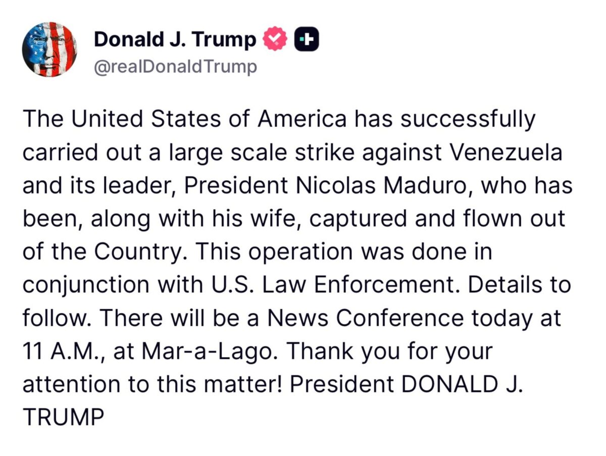 Donald Trump informó que "Nicolás Maduro y Cilia Flores fueron capturados y extraídos de Venezuela"