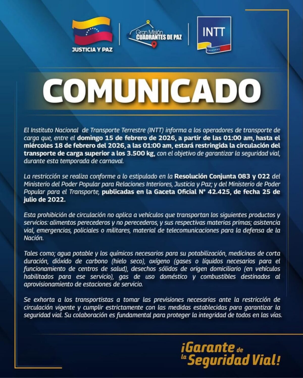 INTT restringió el paso de transporte de carga durante el asueto de Carnaval