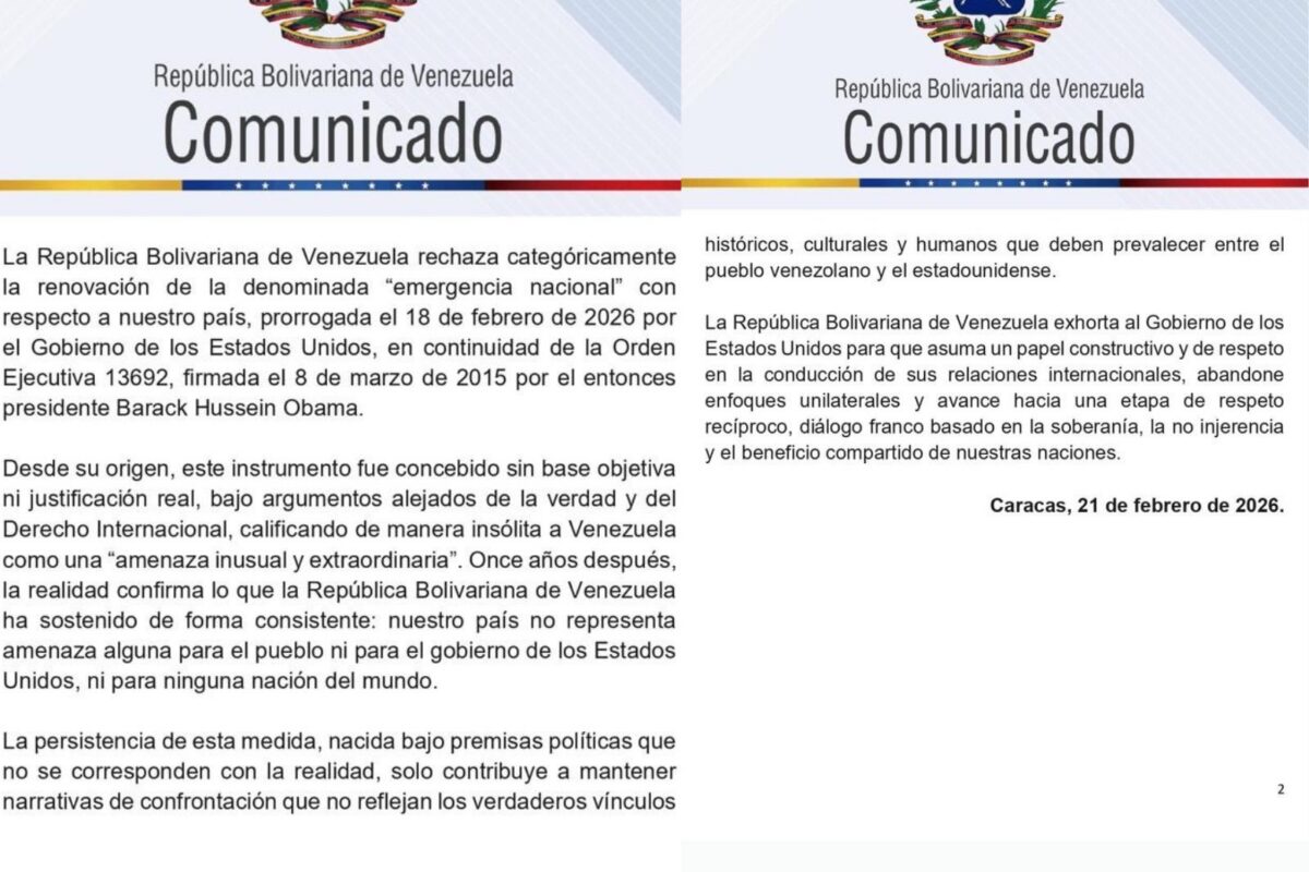 Venezuela rechazó extensión de la declaración de Venezuela como “emergencia nacional” por EE UU