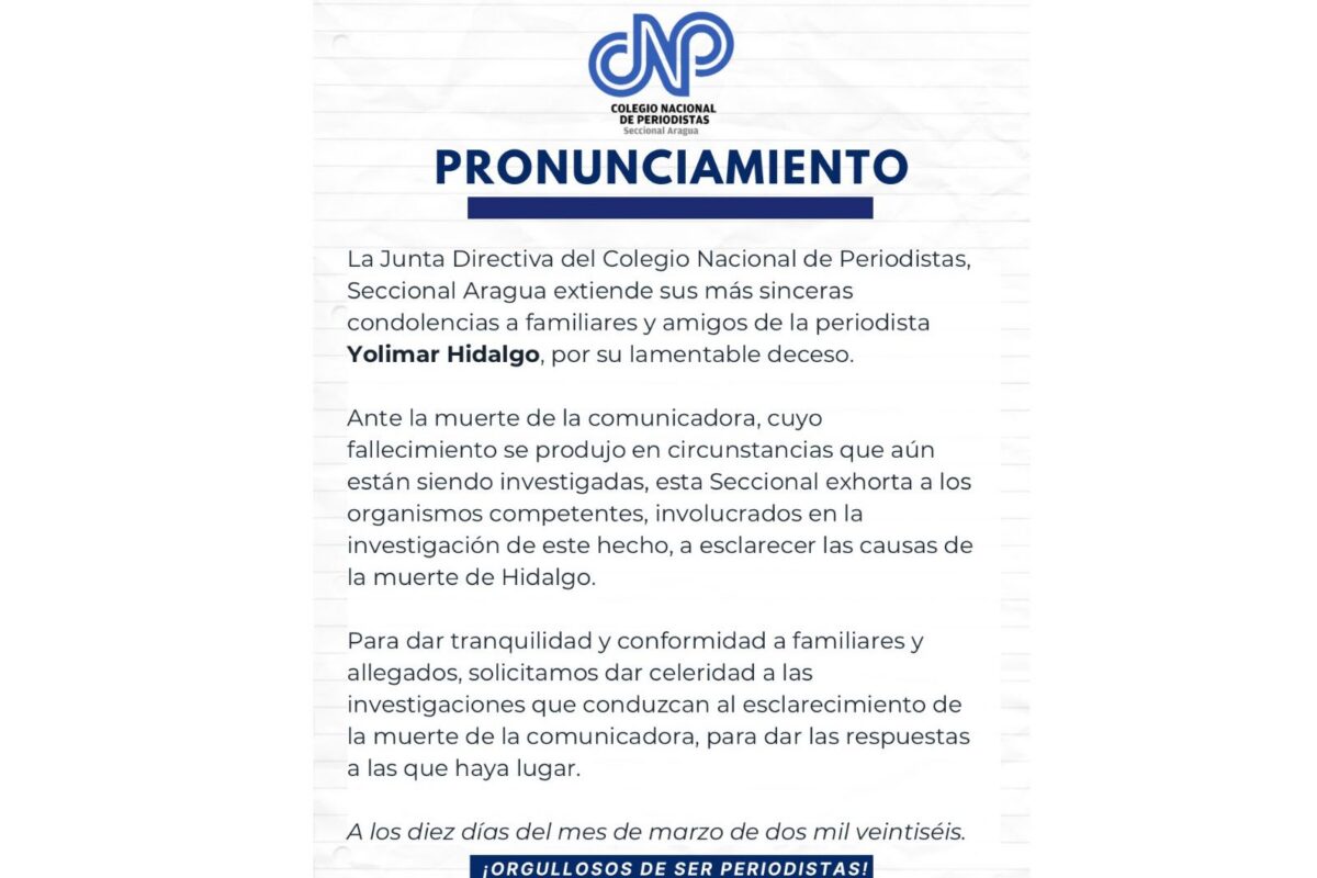CNP exigió que se investigue la muerte de la periodista Yolimar Hidalgo en Aragua