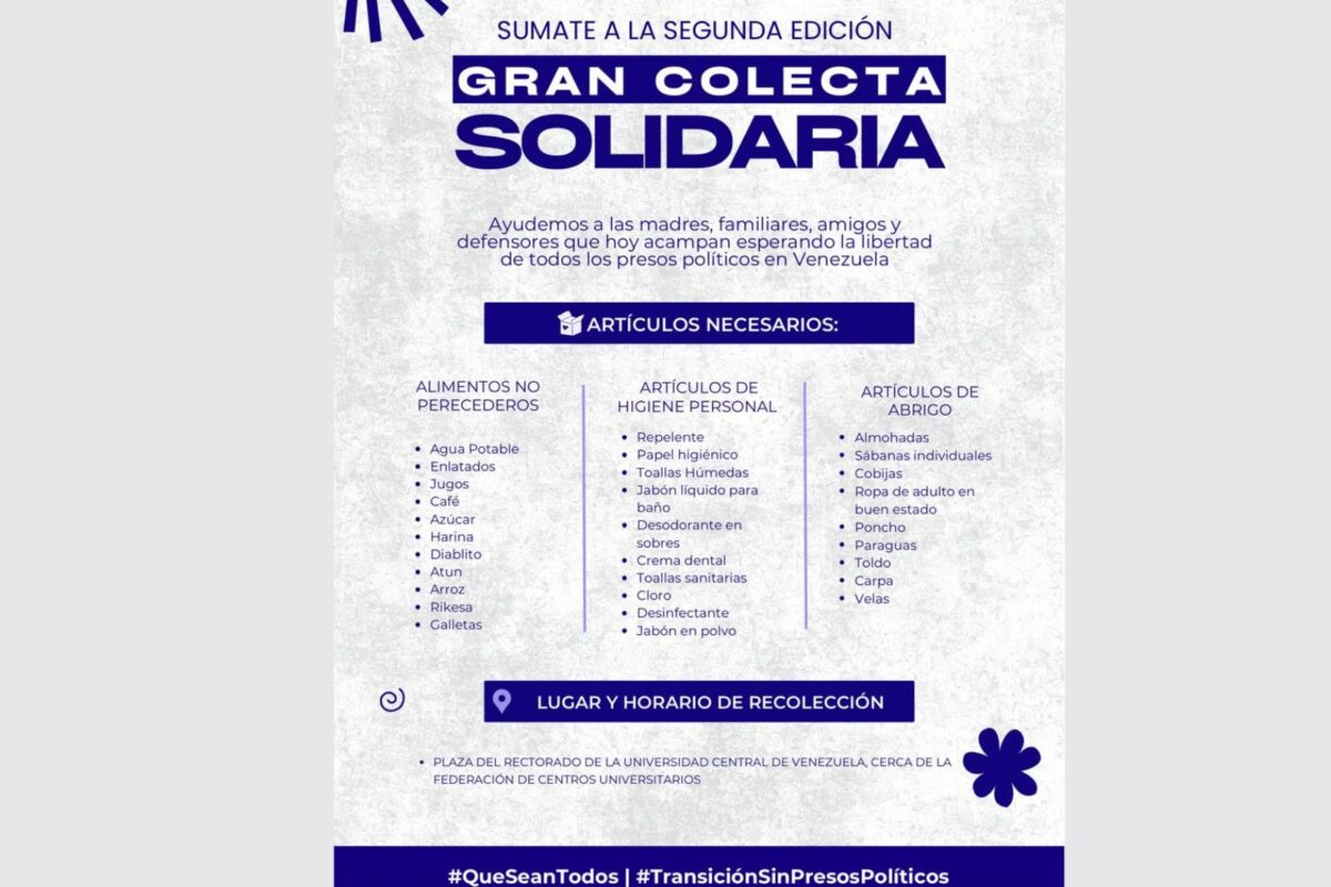 Convocaron a “Segunda Gran Colecta Solidaria” en la UCV para apoyar a familias de presos políticos