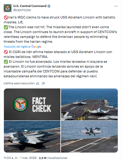 ¿El portaviones USS Abraham Lincoln fue afectado por misiles iraníes?
