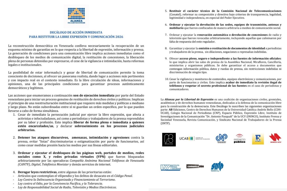 Alianza por la Libertad de Expresión propuso un “decálogo de acción inmediata” para restituir la libertad de expresión en Venezuela
