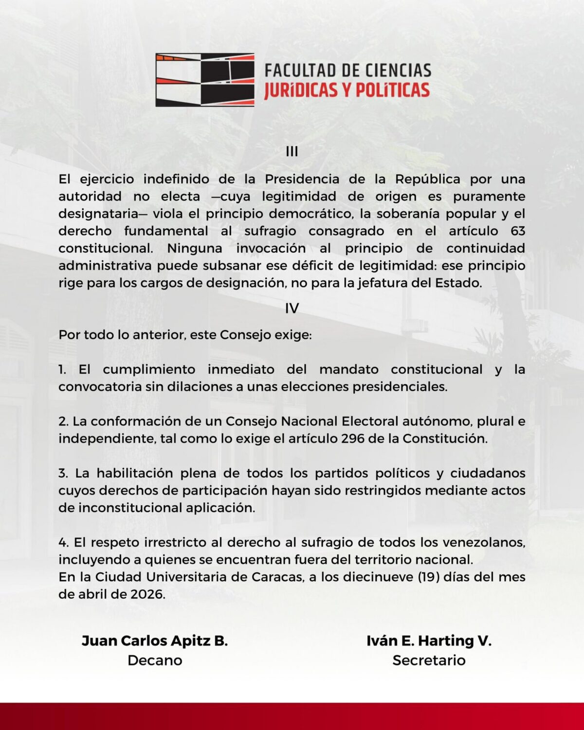Facultad de Ciencias Jurídicas y Políticas de la UCV exigió la convocatoria de elecciones presidenciales  #TeExplicamosElDía | Lunes 20 de abril