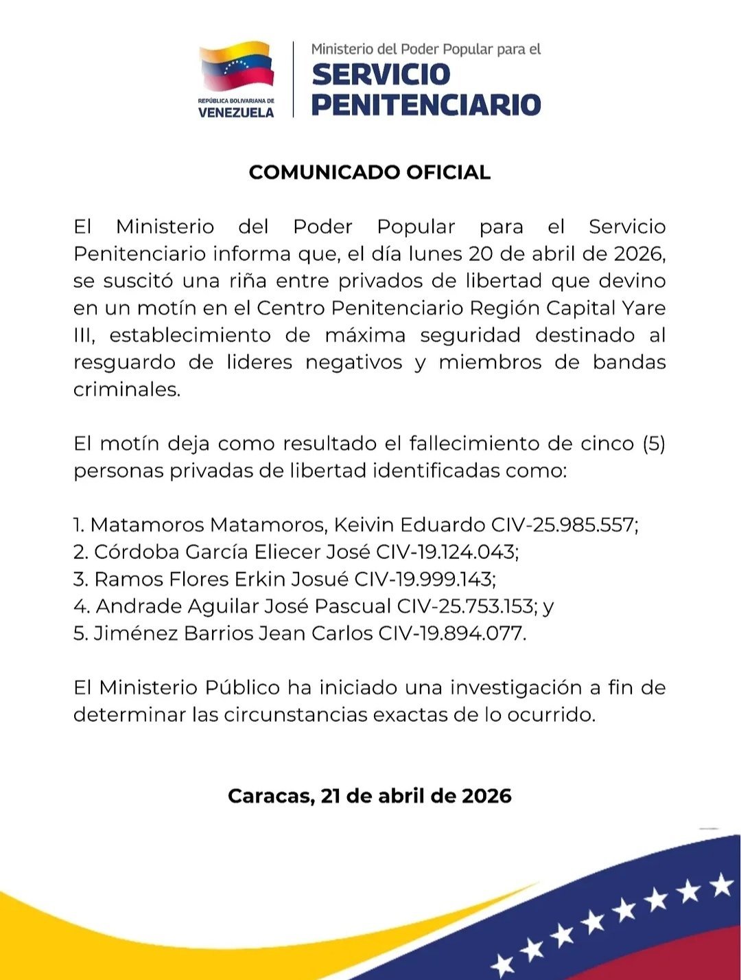 Autoridades confirmaron la muerte de cinco presos durante un motín en la cárcel de Yare III