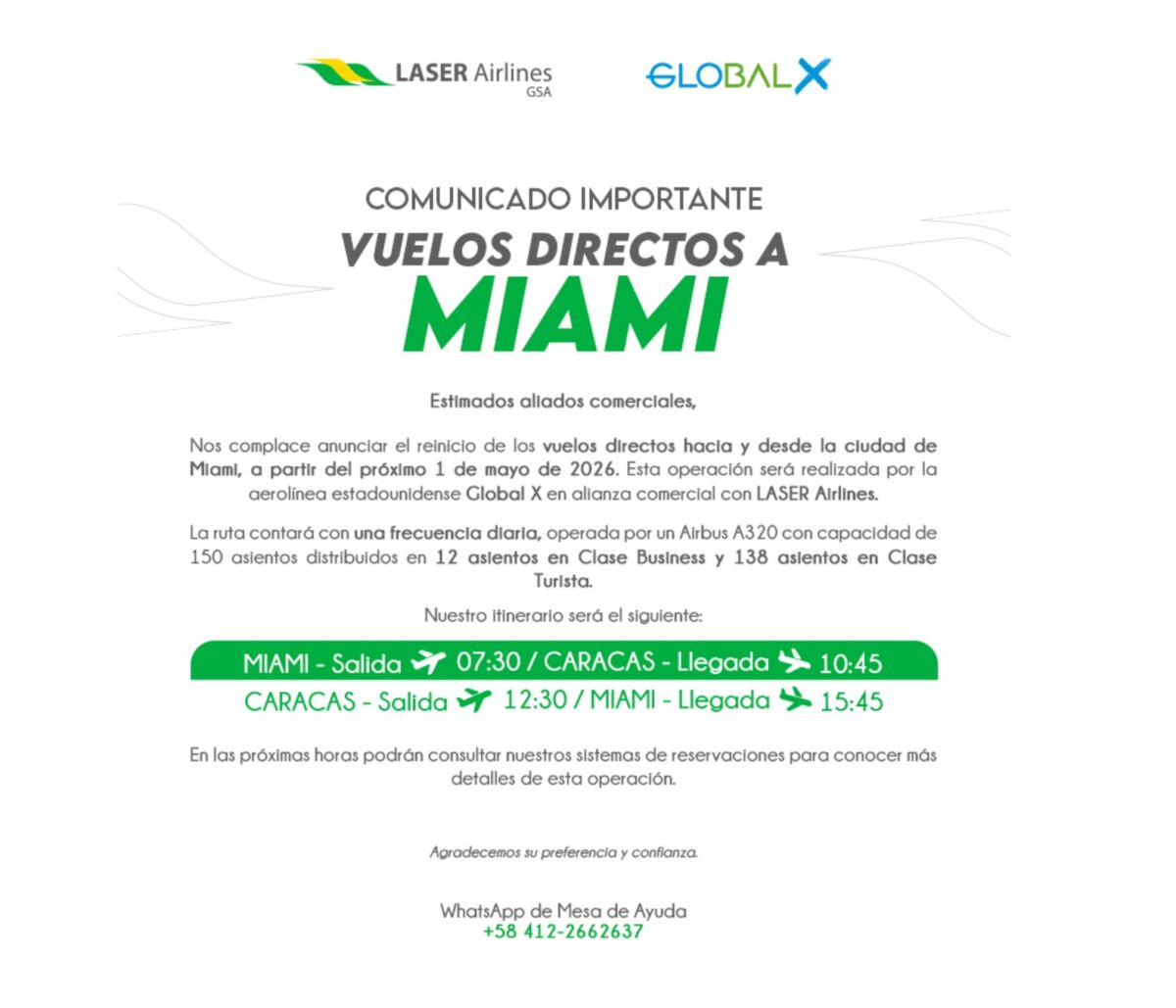 Laser Airlines ofrecerá vuelos directos Caracas-Miami desde el 1º de mayo