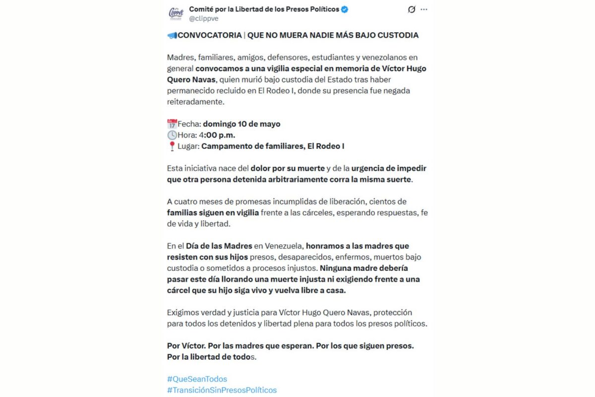 Clippve convocó una vigilia por Víctor Quero para exigir justicia y libertad