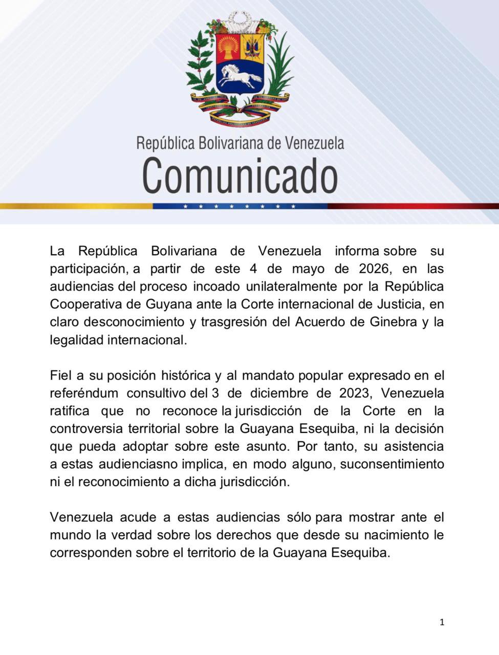 Venezuela asistirá a la audiencia de la CIJ por el Esequibo el 4 de mayo