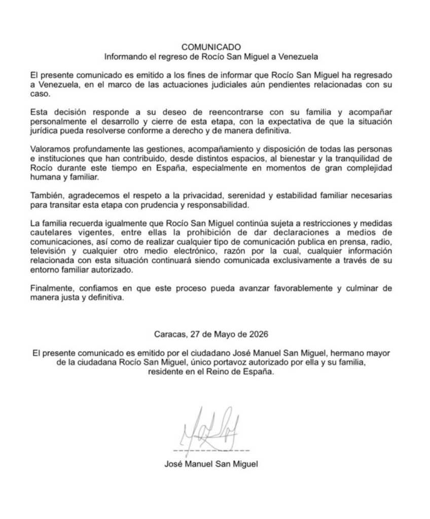 Rocío San Miguel regresó a Venezuela y solicita el cierre de la causa en su contra