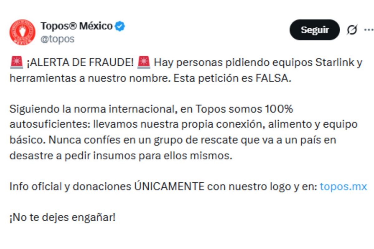 La organización Topos México alertó sobre estafas en medio de la emergencia por los terremotos en Venezuela