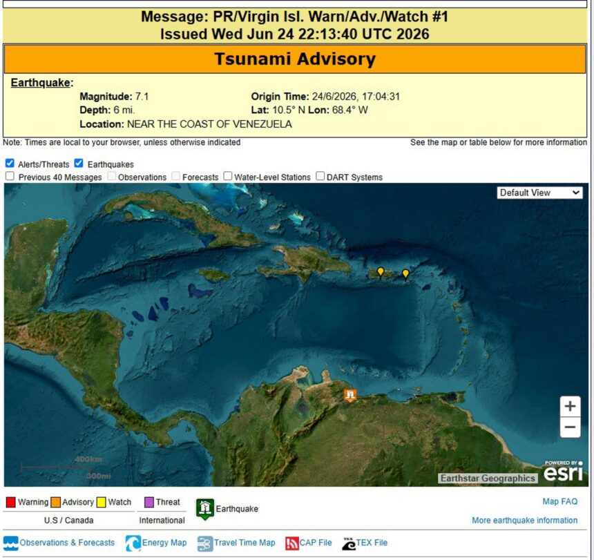 EE UU emitió un aviso de tsunami para Puerto Rico y las Islas Vírgenes tras sismo en Venezuela