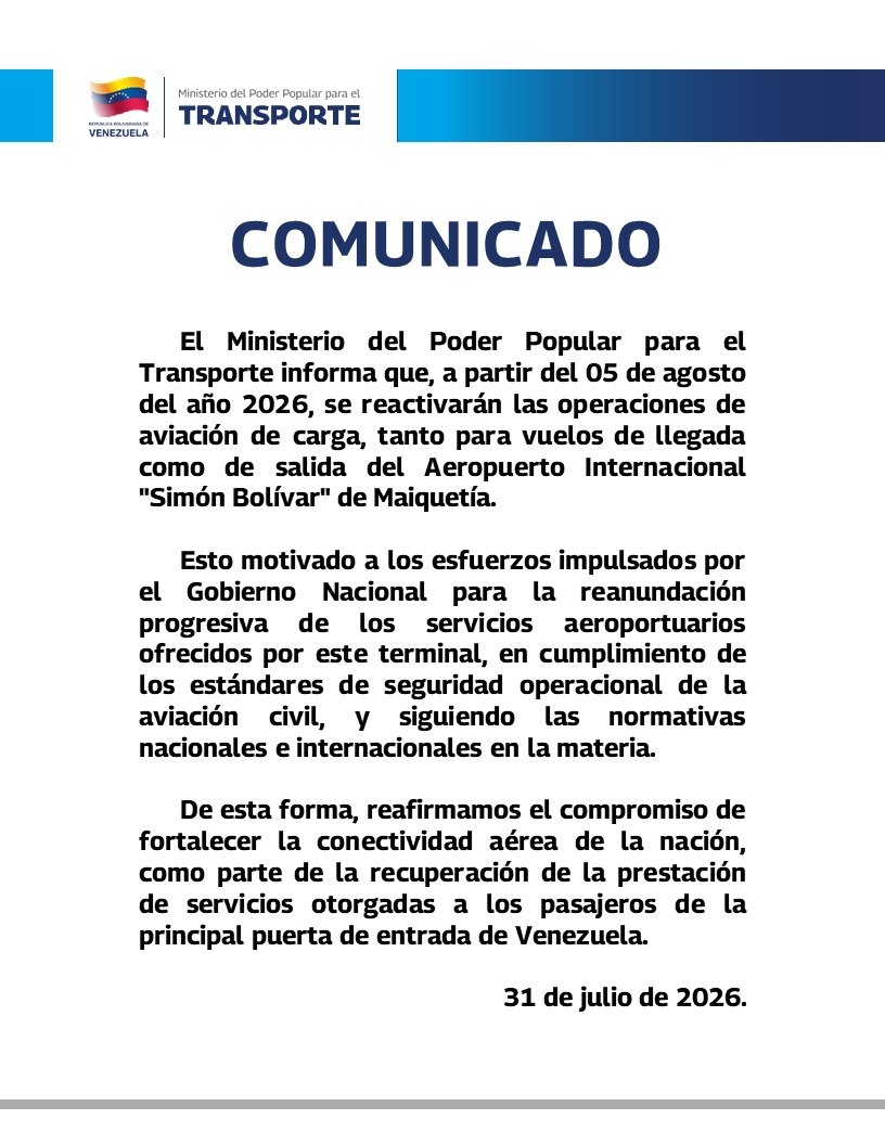 Ministerio de Transporte confirmó la reanudación de las operaciones de carga en Maiquetía