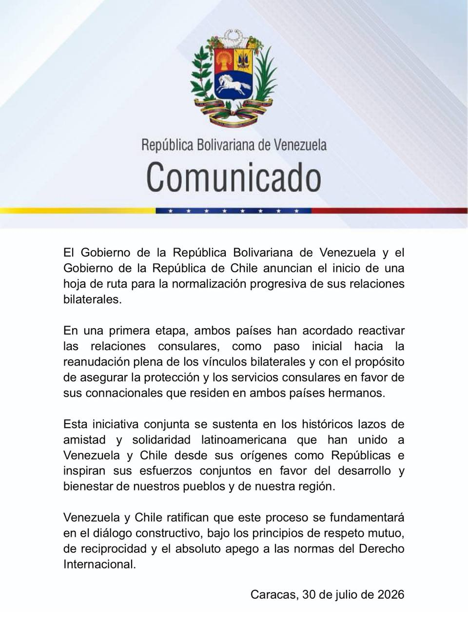 Gobiernos de Venezuela y Chile acordaron normalizar sus relaciones diplomáticas