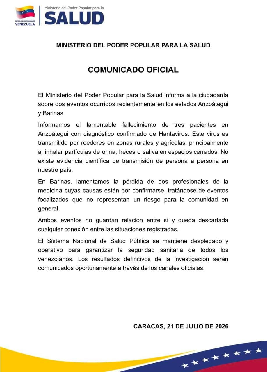 Ministerio de Salud confirmó tres muertes por hantavirus en Anzoátegui y descartó contagio entre personas