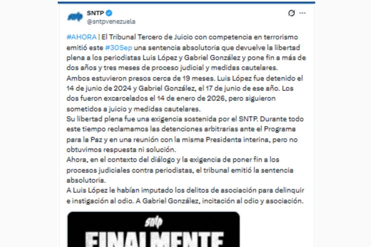 Los periodistas Luis López y Gabriel González recibieron la libertad plena
